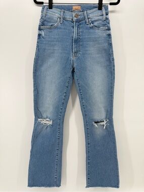 MOTHER The Hustler Ankle Fray High Rise Ripped Knee Jeans medium Wash